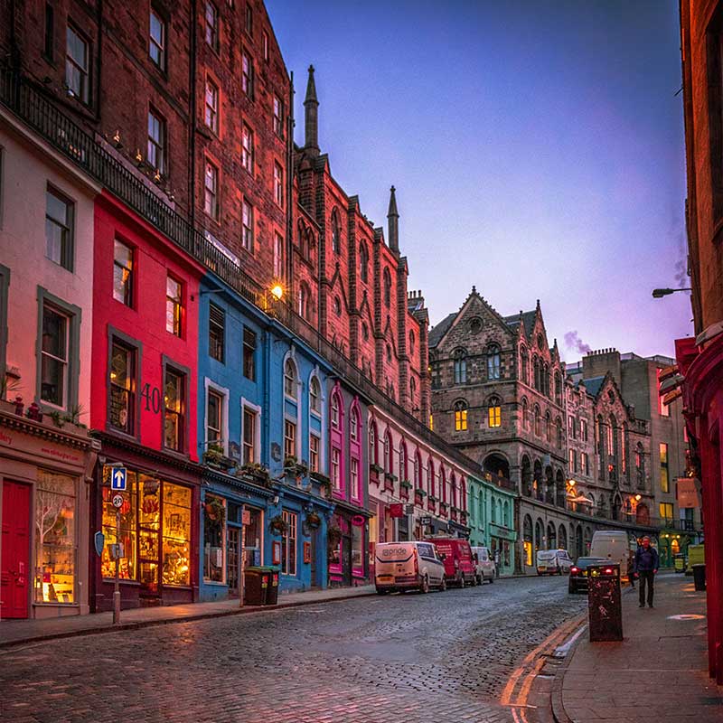 Colourful Edinburgh Victoria Street at dusk